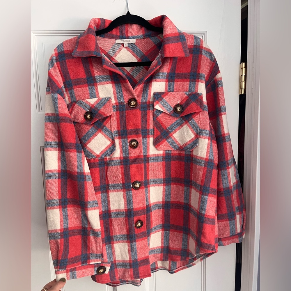 Medium Light Red and Blue Plaid Veveret Plaid Shacket